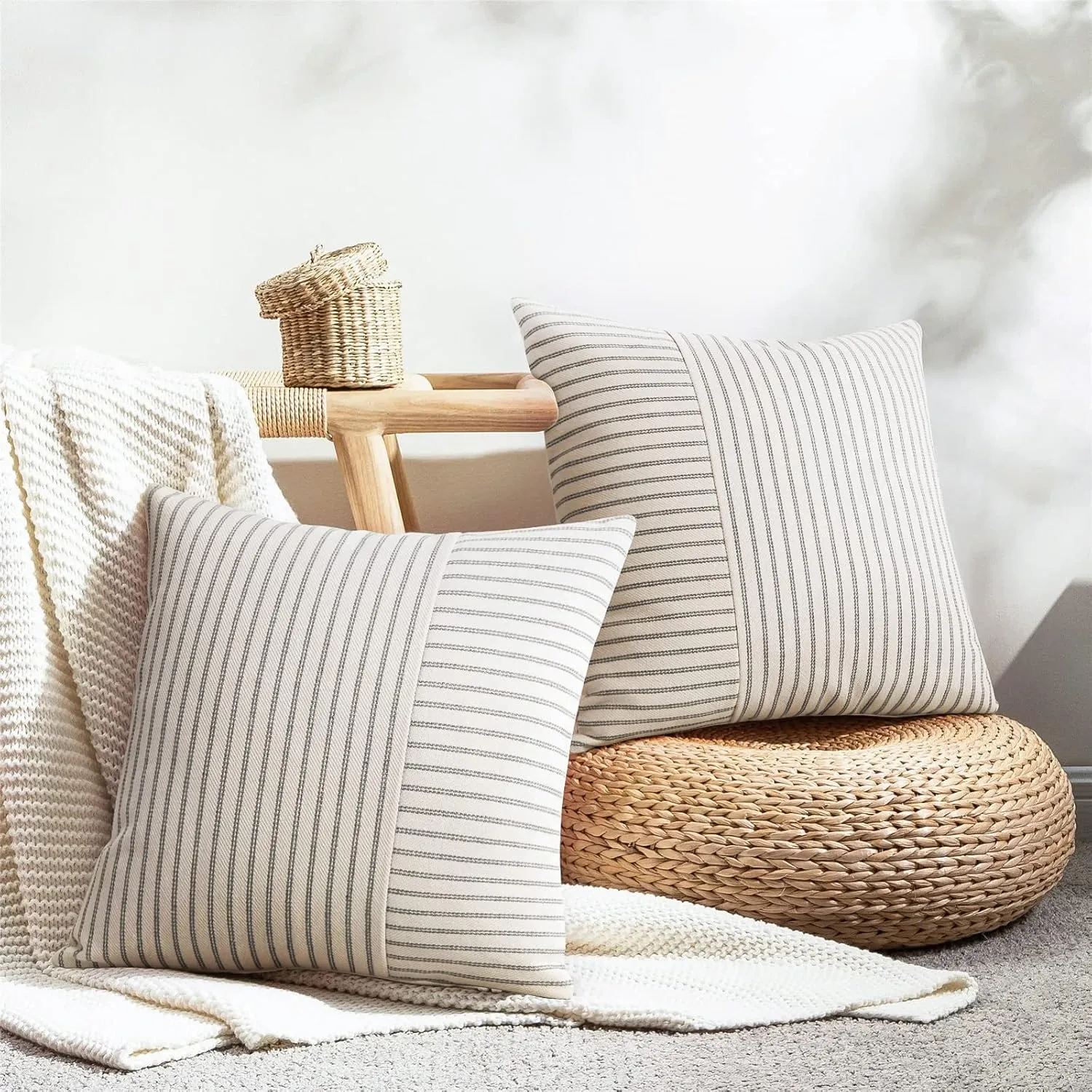 Farmhouse Pillow Covers 24x24, Modern Accent Square Throw Pillow Covers Set of 2, Gray and Beige Striped Patchwork Linen Decorative Pillows Cushion Covers for Couch Chair Bedroom Fall Decorations