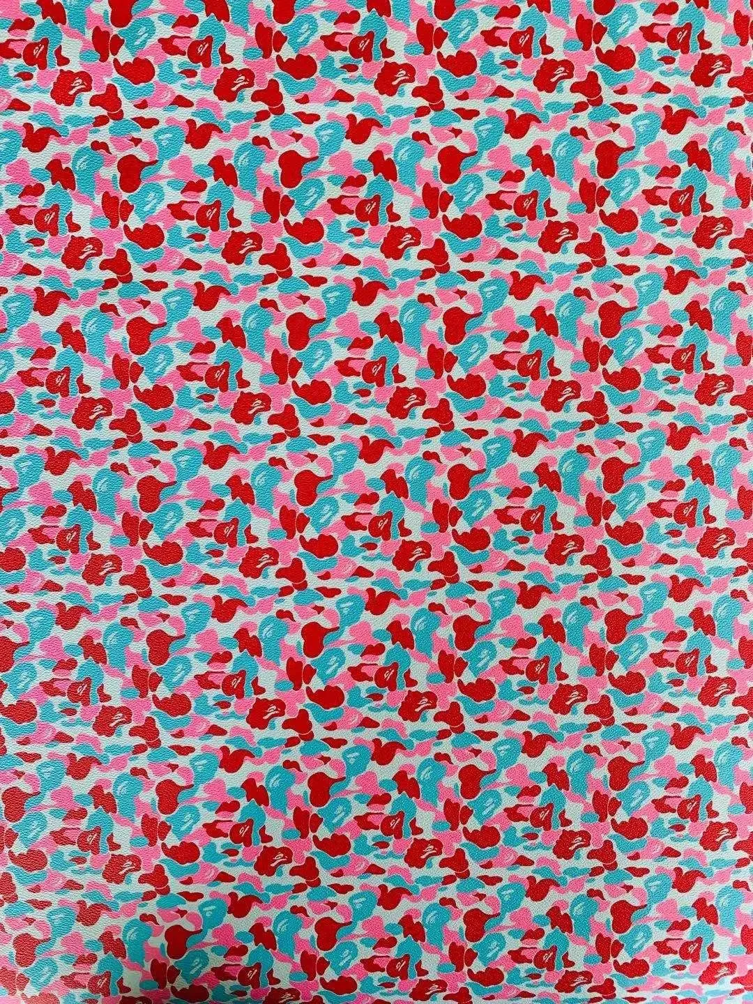 Fashion Design Red with Blue Bape Camouflage Leather Fabric for Handmade Handicrafts by Yard (1/2Yards)