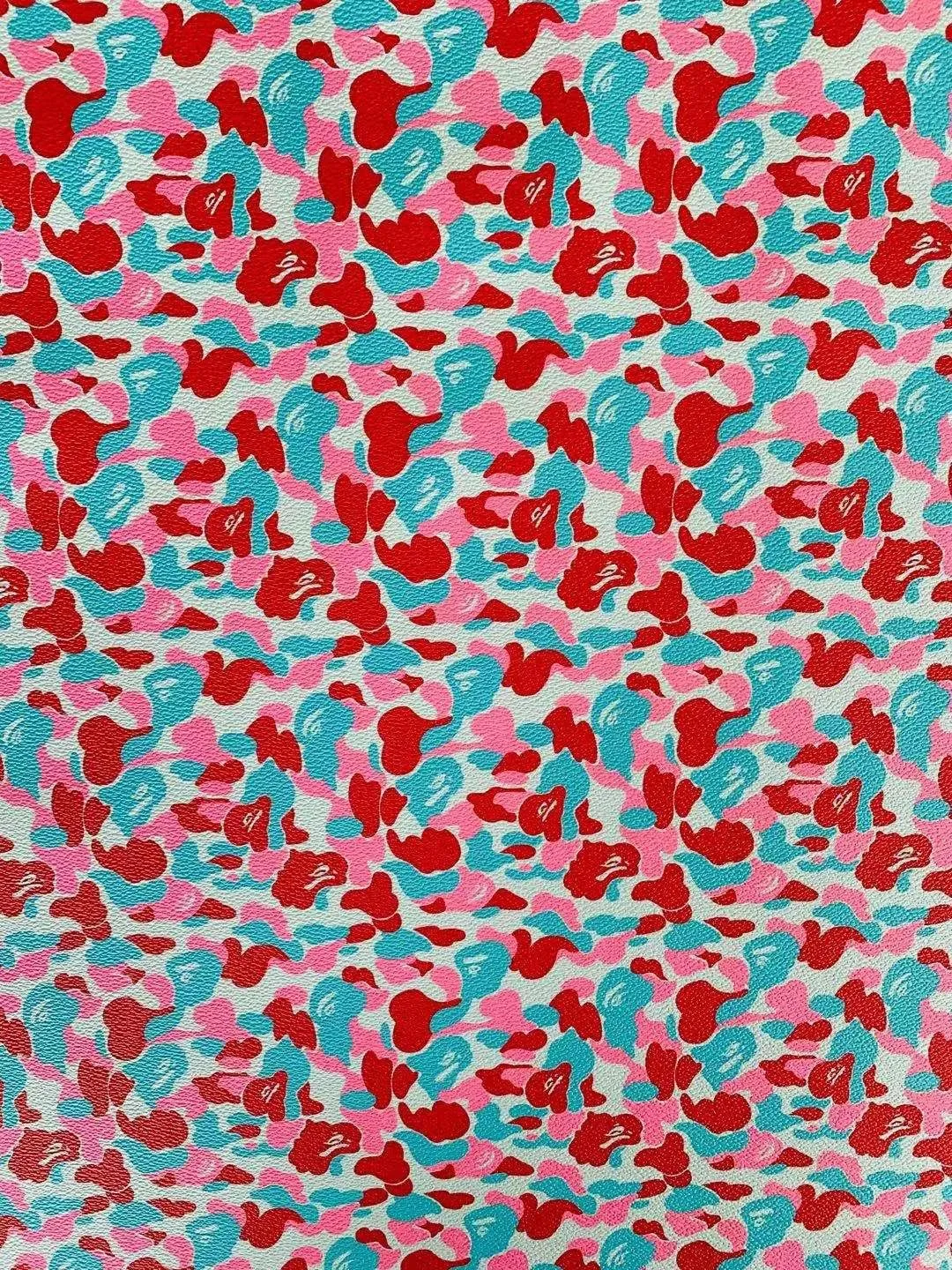 Fashion Design Red with Blue Bape Camouflage Leather Fabric for Handmade Handicrafts by Yard (1/2Yards)