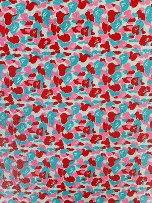 Fashion Design Red with Blue Bape Camouflage Leather Fabric for Handmade Handicrafts by Yard (1/2Yards)