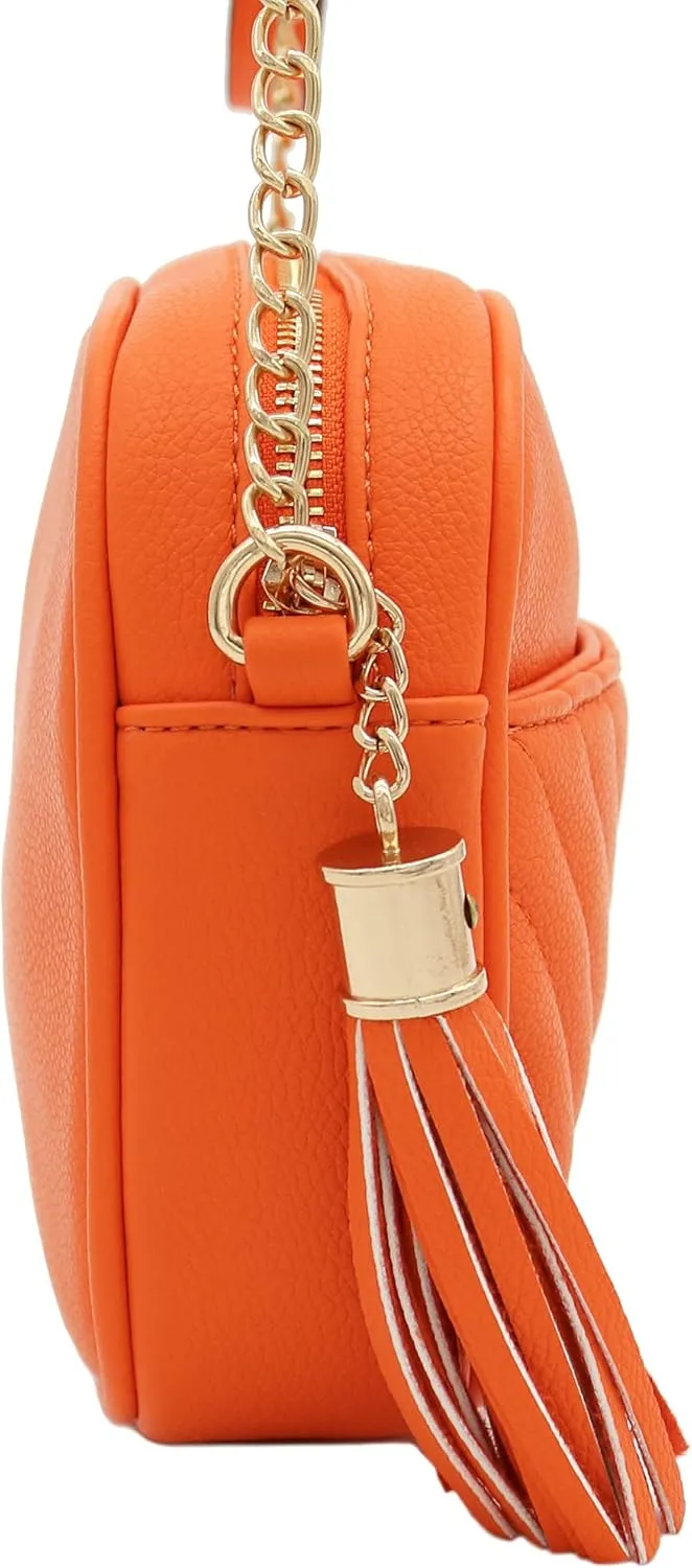FashionPuzzle Chevron Quilted Crossbody Camera Bag with Chain Strap and Tassel