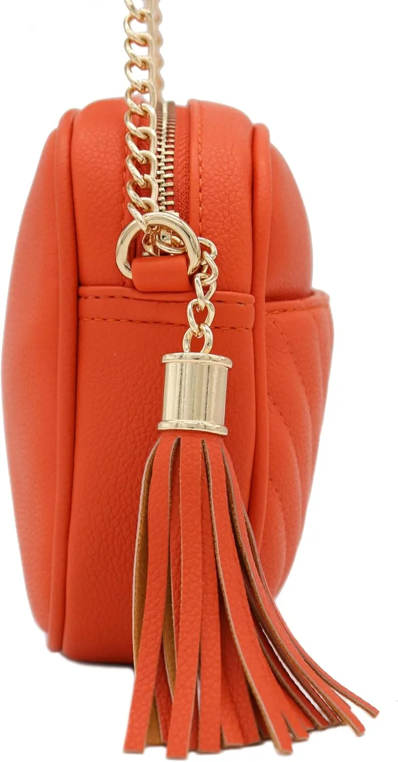 FashionPuzzle Chevron Quilted Crossbody Camera Bag with Chain Strap and Tassel