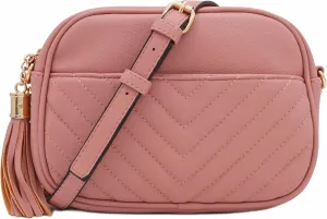 FashionPuzzle Chevron Quilted Crossbody Camera Bag with Chain Strap and Tassel