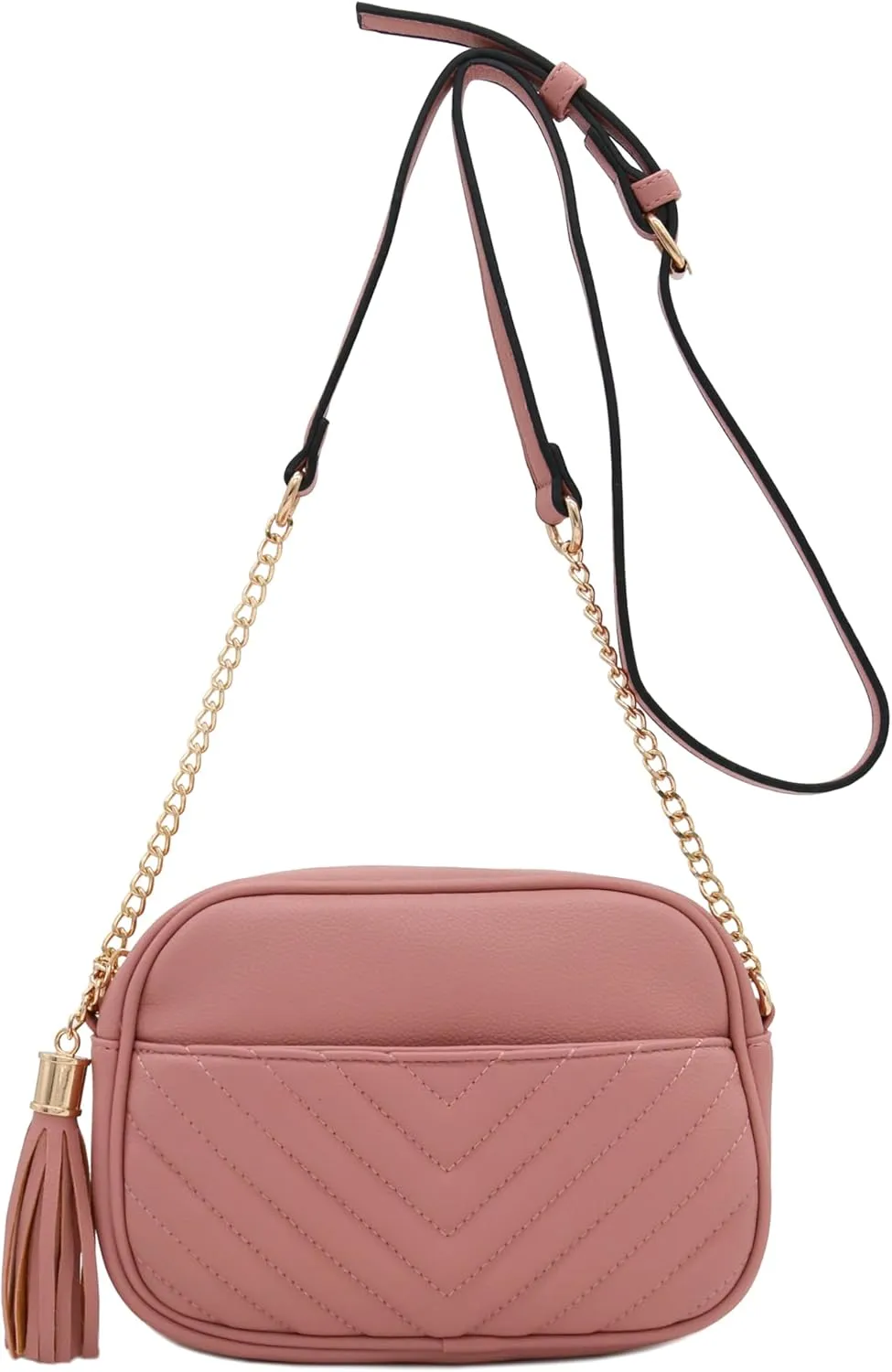 FashionPuzzle Chevron Quilted Crossbody Camera Bag with Chain Strap and Tassel
