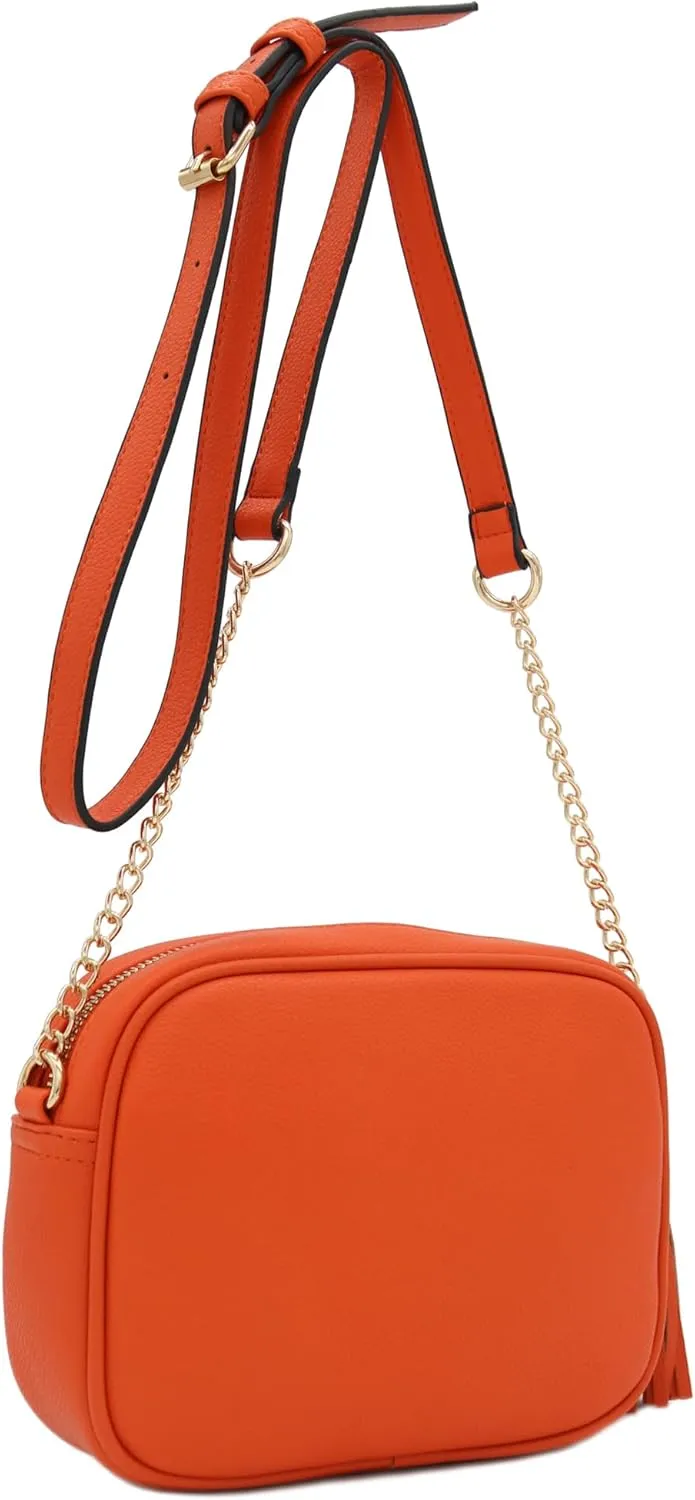 FashionPuzzle Chevron Quilted Crossbody Camera Bag with Chain Strap and Tassel