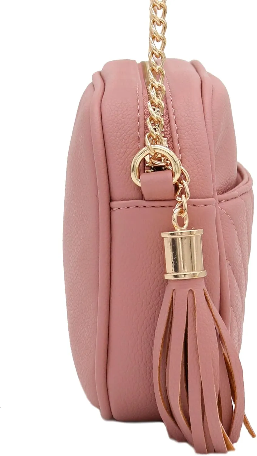FashionPuzzle Chevron Quilted Crossbody Camera Bag with Chain Strap and Tassel