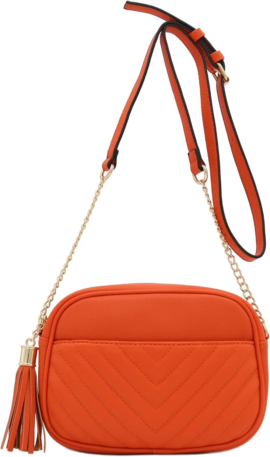 FashionPuzzle Chevron Quilted Crossbody Camera Bag with Chain Strap and Tassel