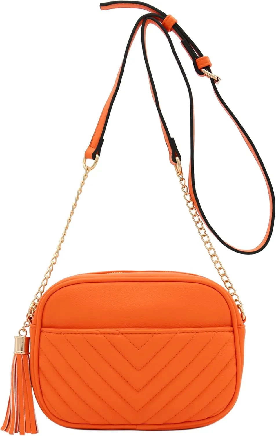 FashionPuzzle Chevron Quilted Crossbody Camera Bag with Chain Strap and Tassel