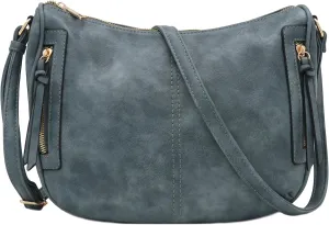 FashionPuzzle Faux Leather Two Front Zipper Pocket Crossbody Saddle Bag (BlueGrey)