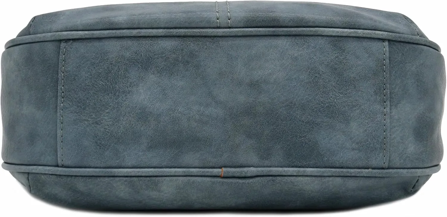 FashionPuzzle Faux Leather Two Front Zipper Pocket Crossbody Saddle Bag (BlueGrey)