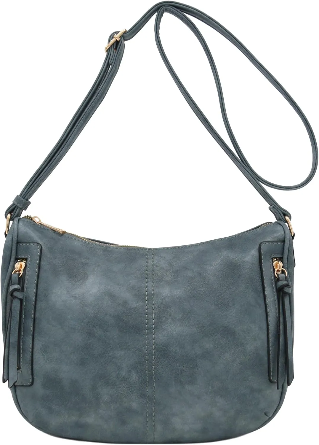 FashionPuzzle Faux Leather Two Front Zipper Pocket Crossbody Saddle Bag (BlueGrey)