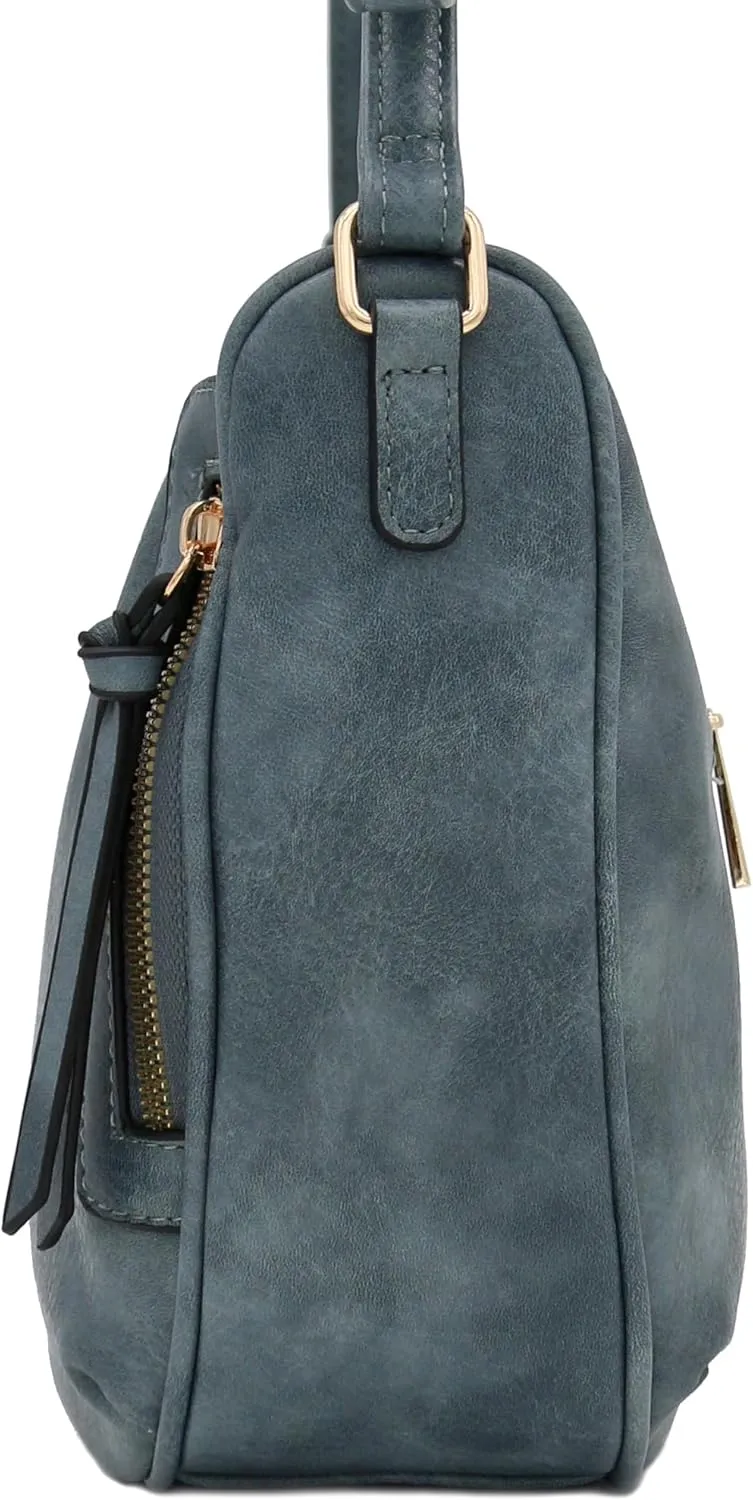 FashionPuzzle Faux Leather Two Front Zipper Pocket Crossbody Saddle Bag (BlueGrey)
