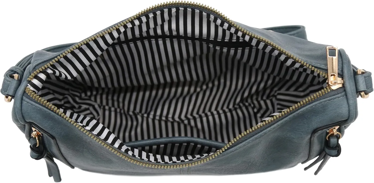 FashionPuzzle Faux Leather Two Front Zipper Pocket Crossbody Saddle Bag (BlueGrey)