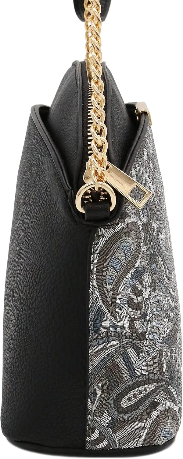 FashionPuzzle Leopard Paisley Print Small Dome Crossbody with Chain Strap