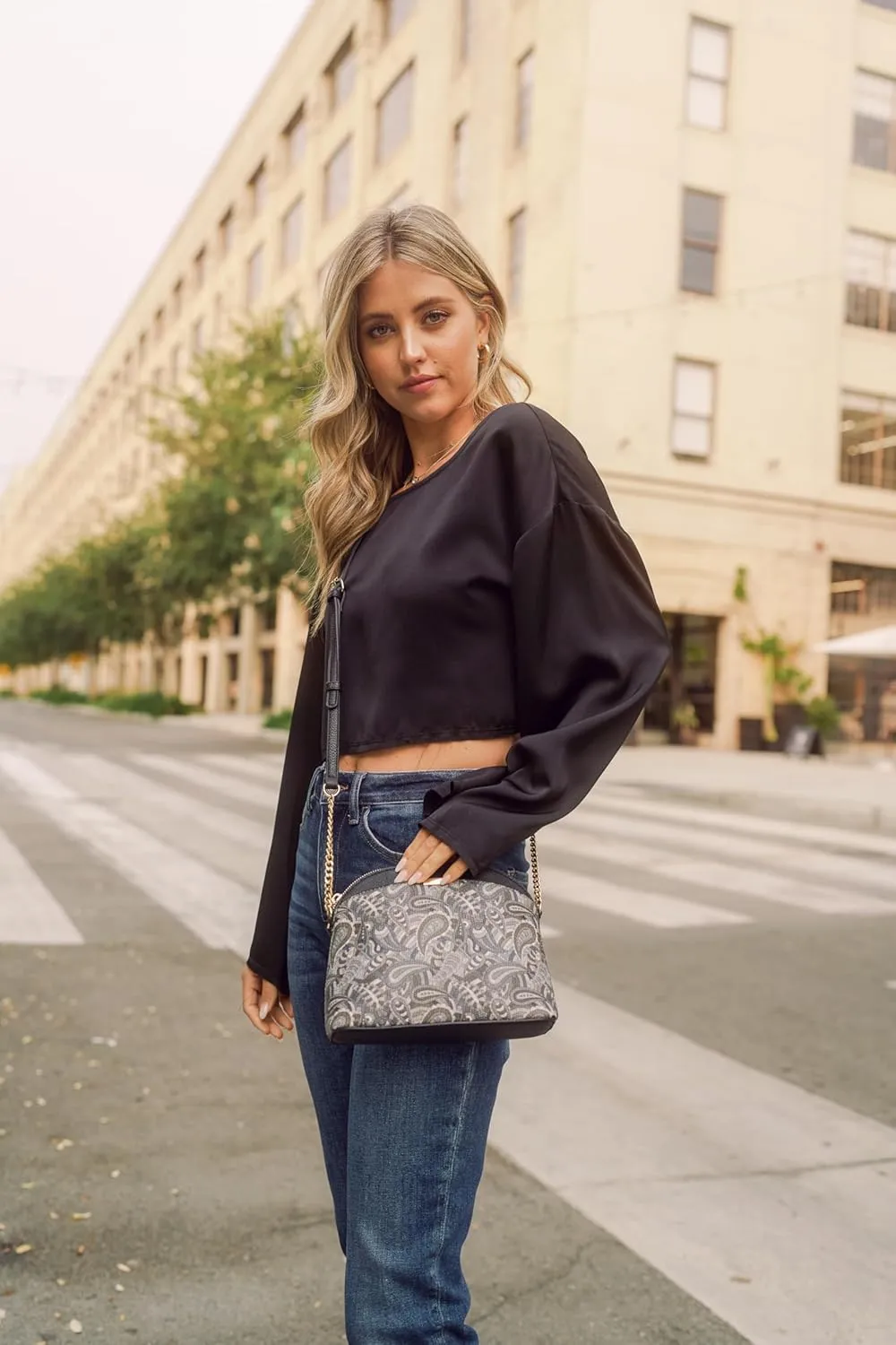 FashionPuzzle Leopard Paisley Print Small Dome Crossbody with Chain Strap