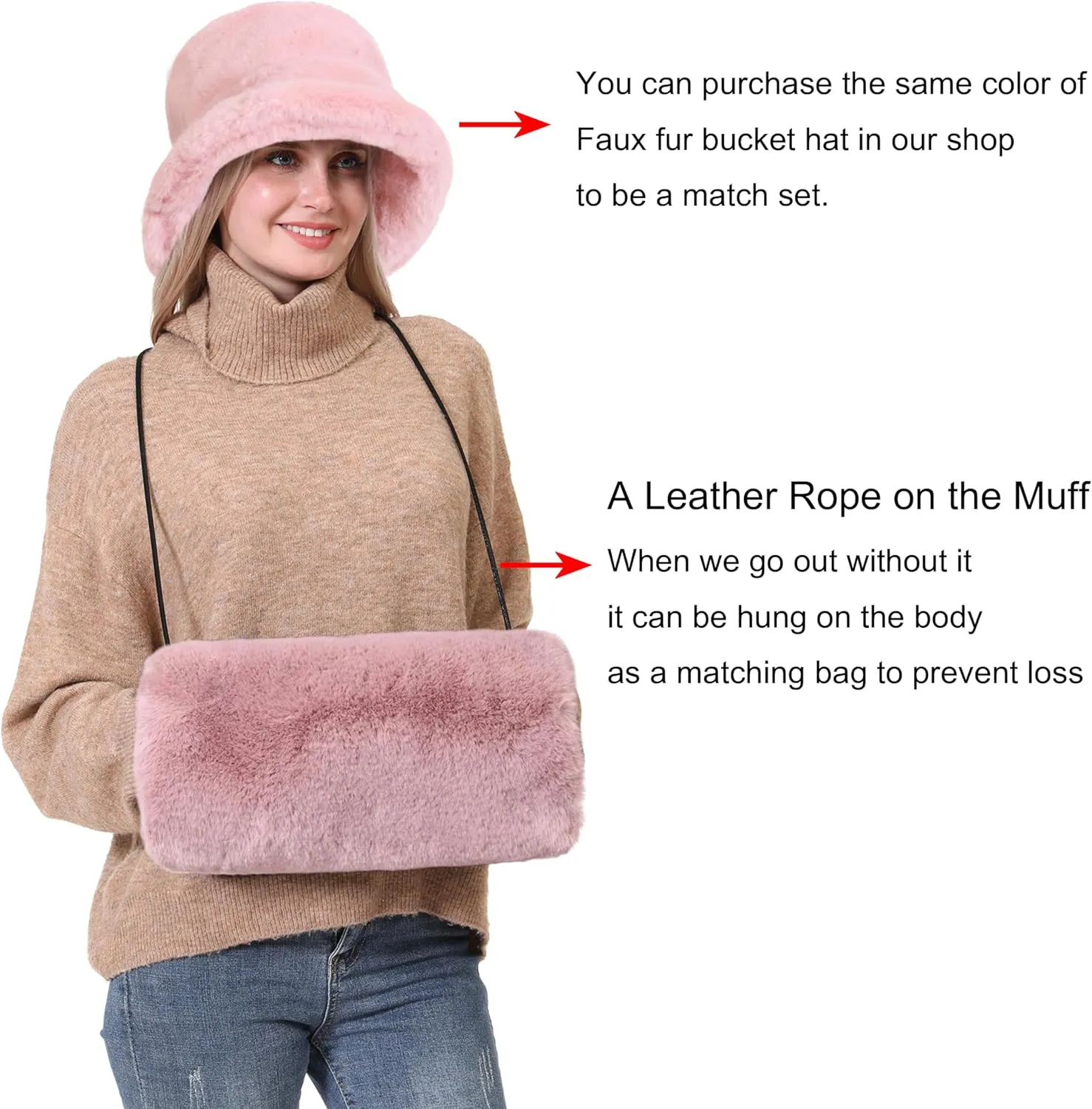 Faux Fur Hand Muffs for Women Winter Warm Arm and Hand Warmer with PU Leather Strap Include Pockets