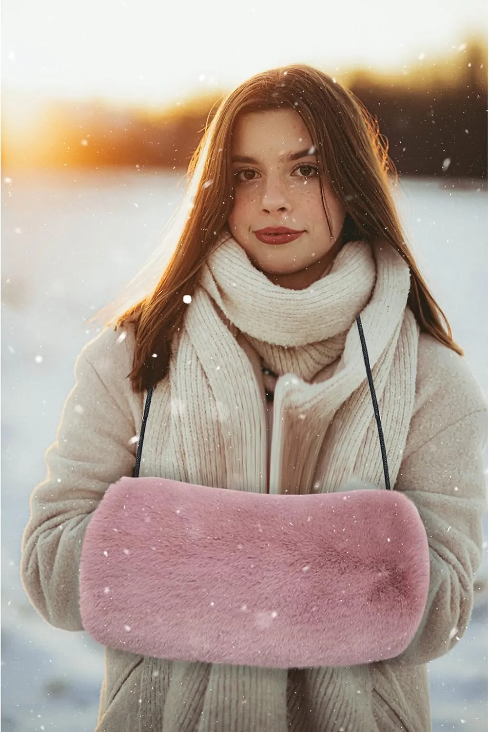 Faux Fur Hand Muffs for Women Winter Warm Arm and Hand Warmer with PU Leather Strap Include Pockets