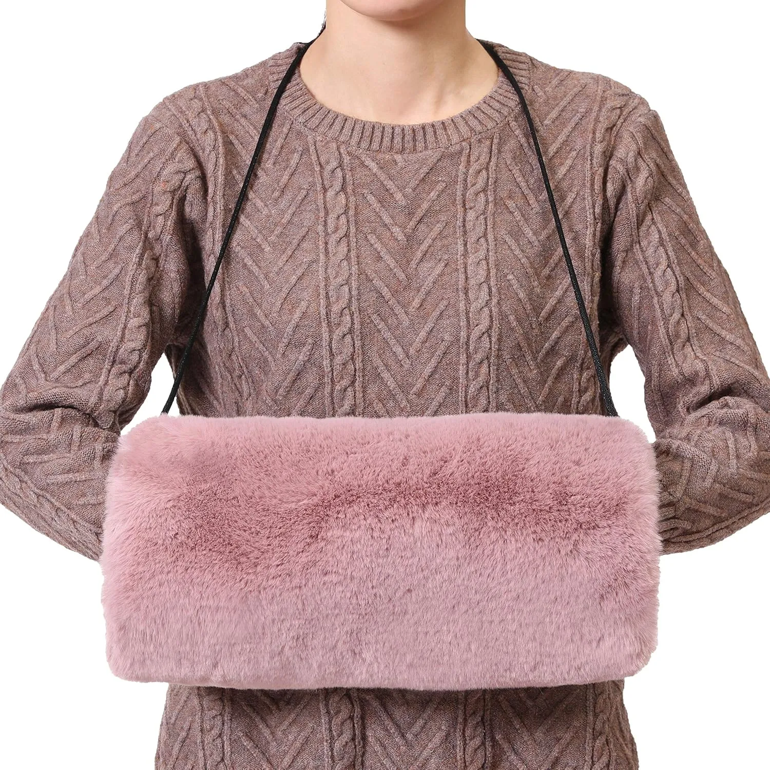 Faux Fur Hand Muffs for Women Winter Warm Arm and Hand Warmer with PU Leather Strap Include Pockets