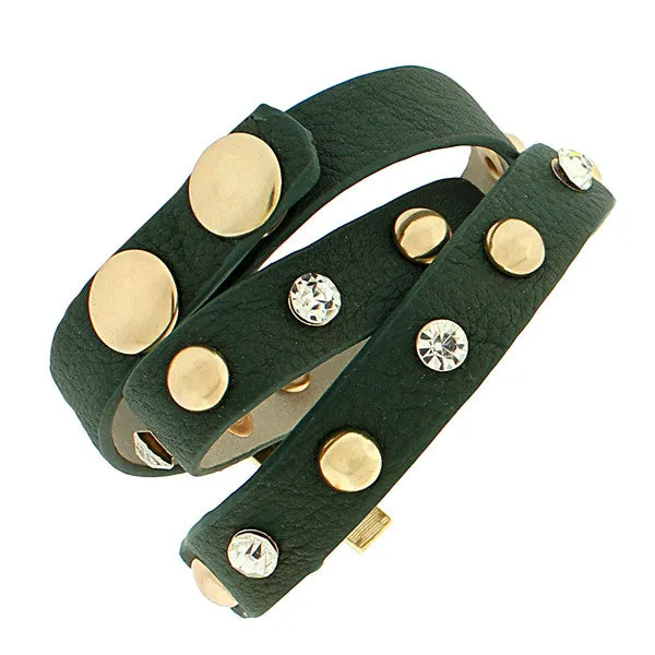 Faux Green Leather Rose Gold-Tone Religious Cross White CZ Multi-Row Wristband Adjustable Bracelet