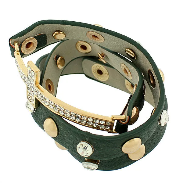 Faux Green Leather Rose Gold-Tone Religious Cross White CZ Multi-Row Wristband Adjustable Bracelet