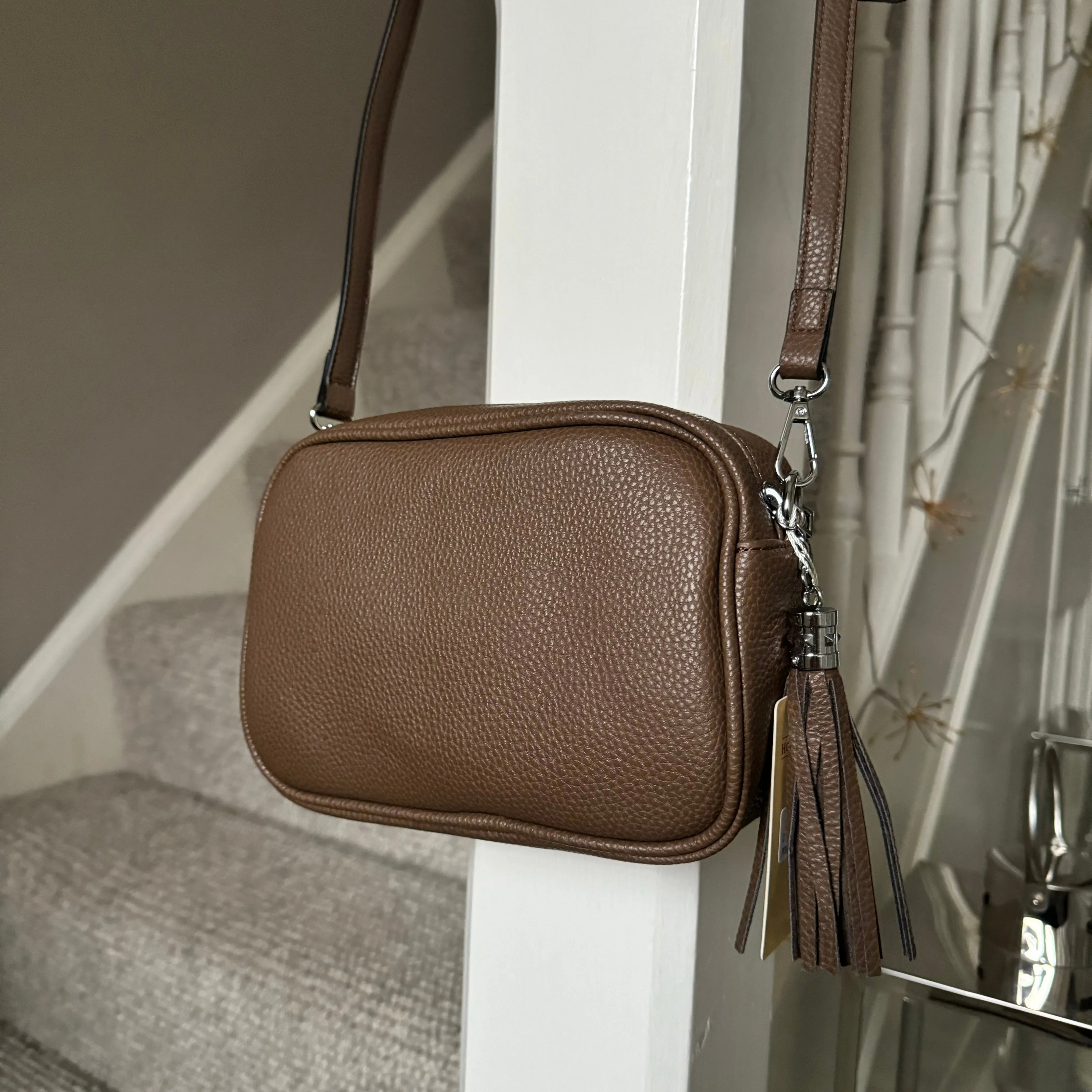 Faux Leather Cross Body Bag with Tassel - Dark Taupe