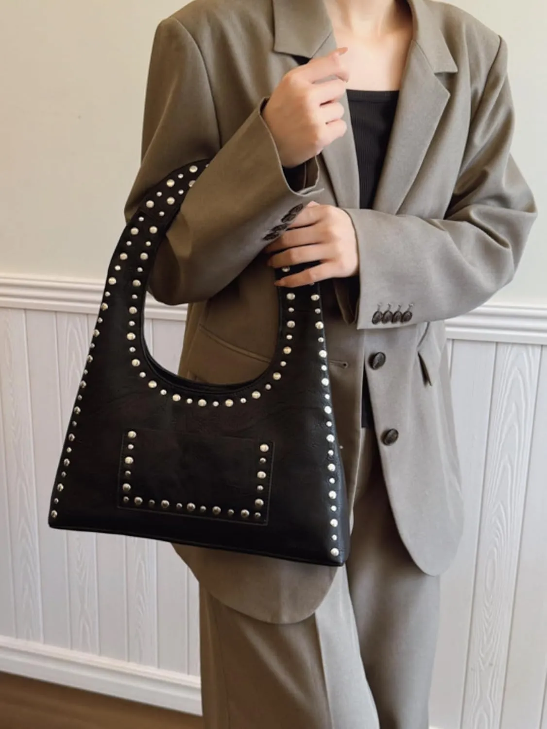 Faux Leather Designer Handbags Women Studded Purse Y2k Shoulder Bag 90s Hobo Bag Punk Streetwear