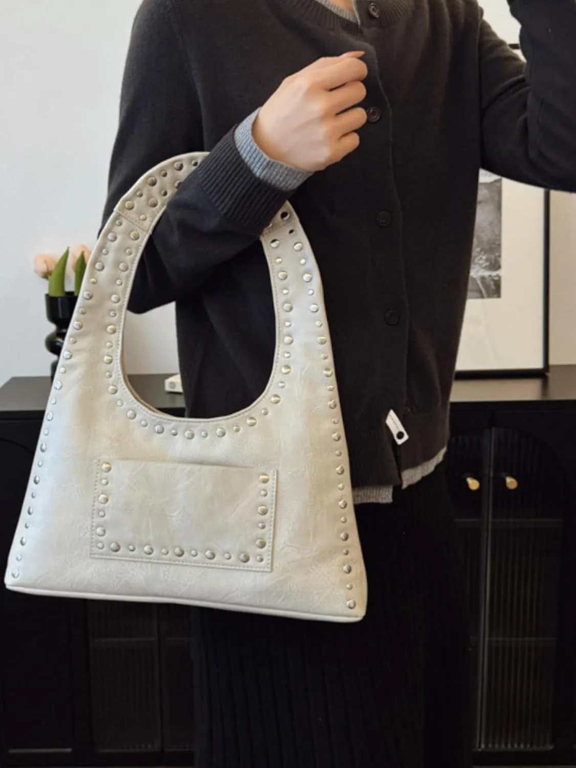 Faux Leather Designer Handbags Women Studded Purse Y2k Shoulder Bag 90s Hobo Bag Punk Streetwear