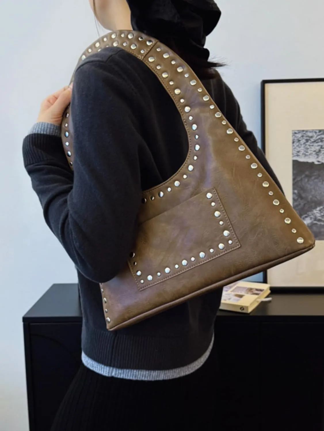 Faux Leather Designer Handbags Women Studded Purse Y2k Shoulder Bag 90s Hobo Bag Punk Streetwear
