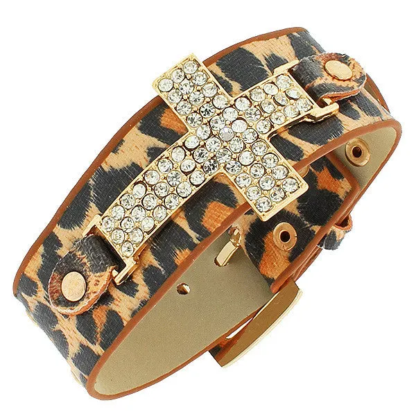 Faux Leather Leopard Pattern Religious Cross CZ Wristband Adjustable Bracelet