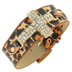Faux Leather Leopard Pattern Religious Cross CZ Wristband Adjustable Bracelet