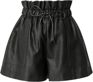 Faux Leather Shorts Stretchy High Waisted Wide Leg with Pockets for Women
