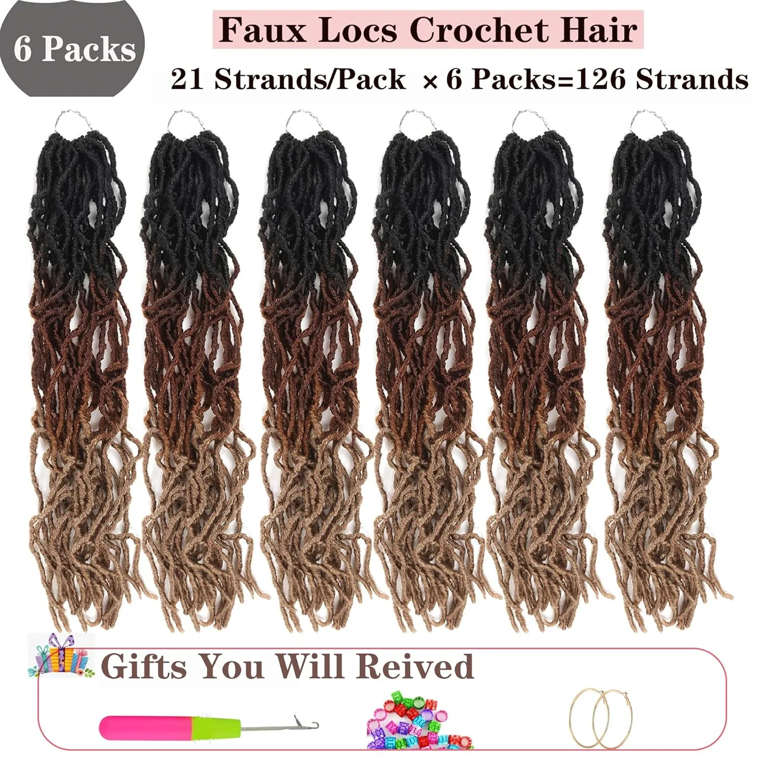Faux Locs Crochet Hair 24 Inch,Soft Goddess Locs Crotchet Hair, 6 Packs Long Three Tone Locs Crochet Braids Pre looped Wavy Dreads Extensions Crotchet Braiding Hair(24”,T1B/30/27)