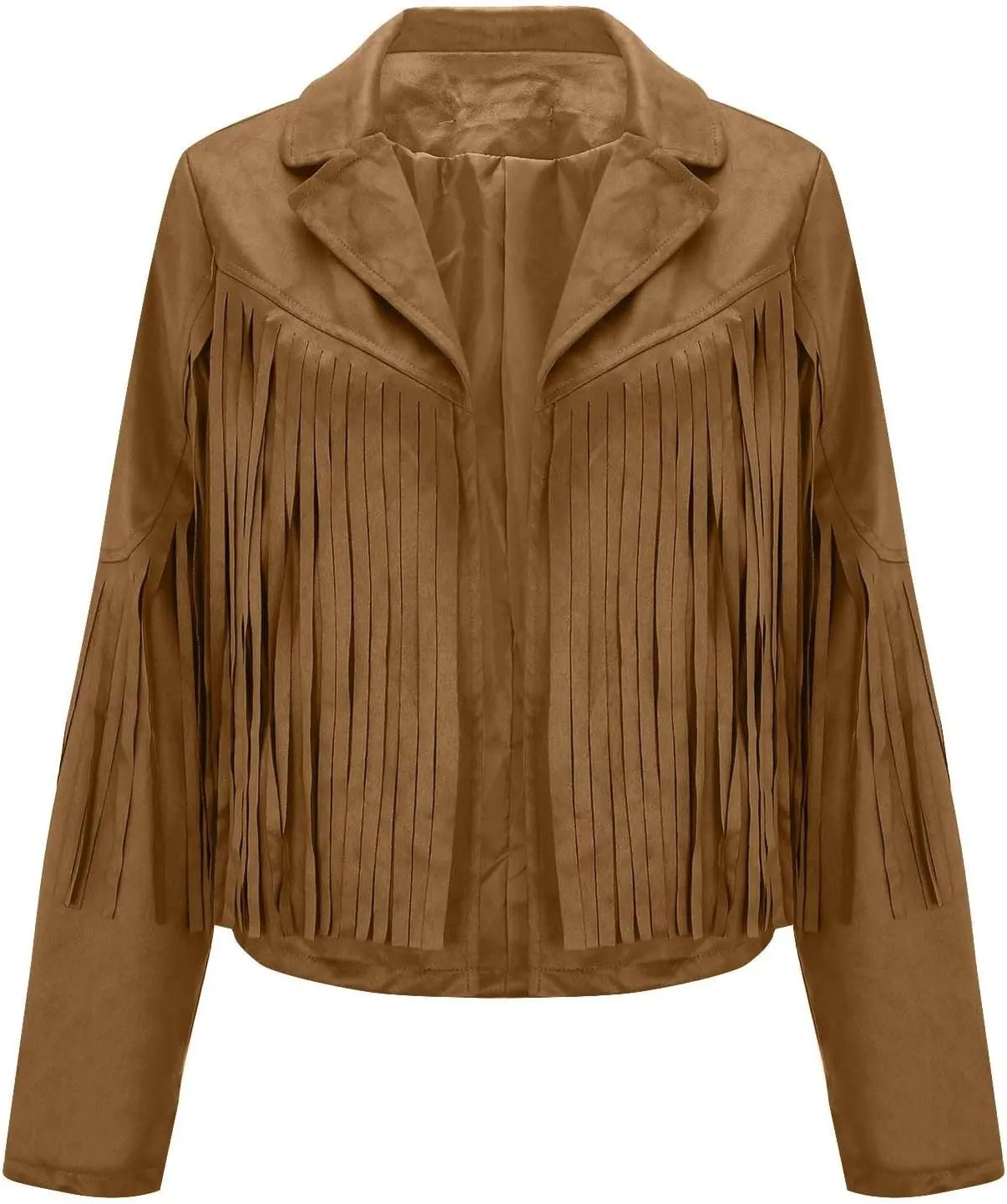 Faux Suede Leather Fringe Jacket for Women 70s Hippie Cardigans Trendy Motorcycle Tassels Long Sleeve Coats