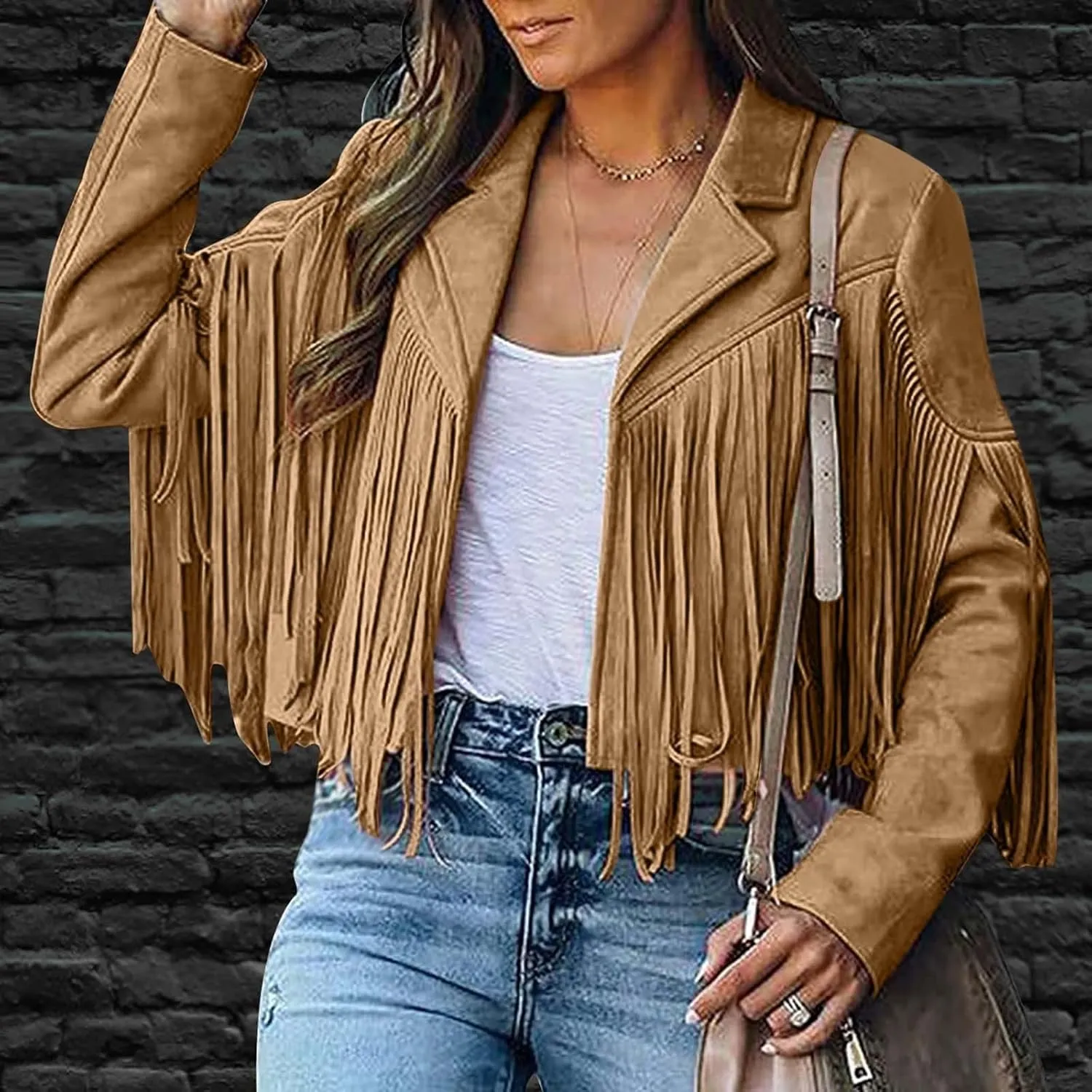 Faux Suede Leather Fringe Jacket for Women 70s Hippie Cardigans Trendy Motorcycle Tassels Long Sleeve Coats