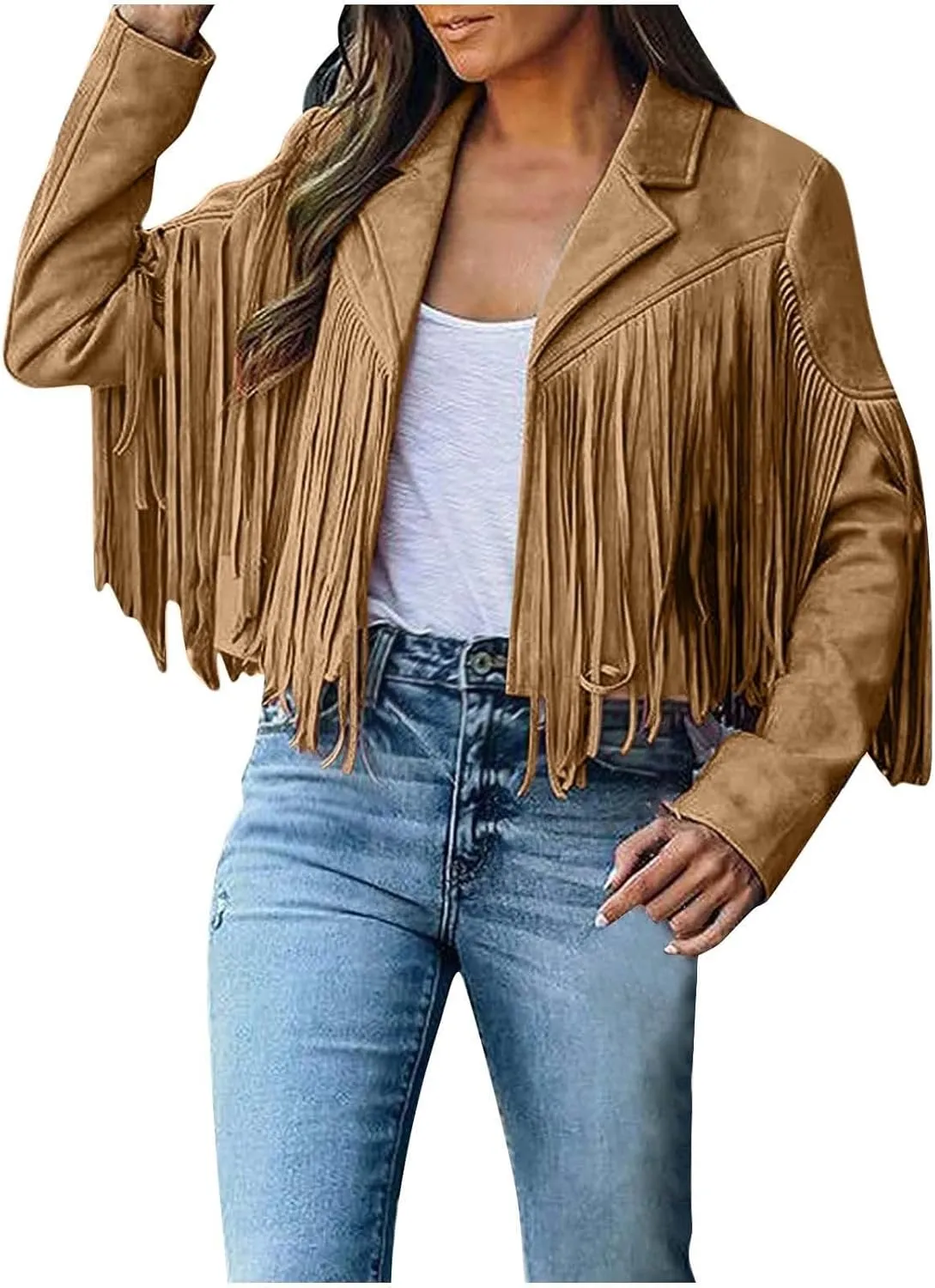 Faux Suede Leather Fringe Jacket for Women 70s Hippie Cardigans Trendy Motorcycle Tassels Long Sleeve Coats