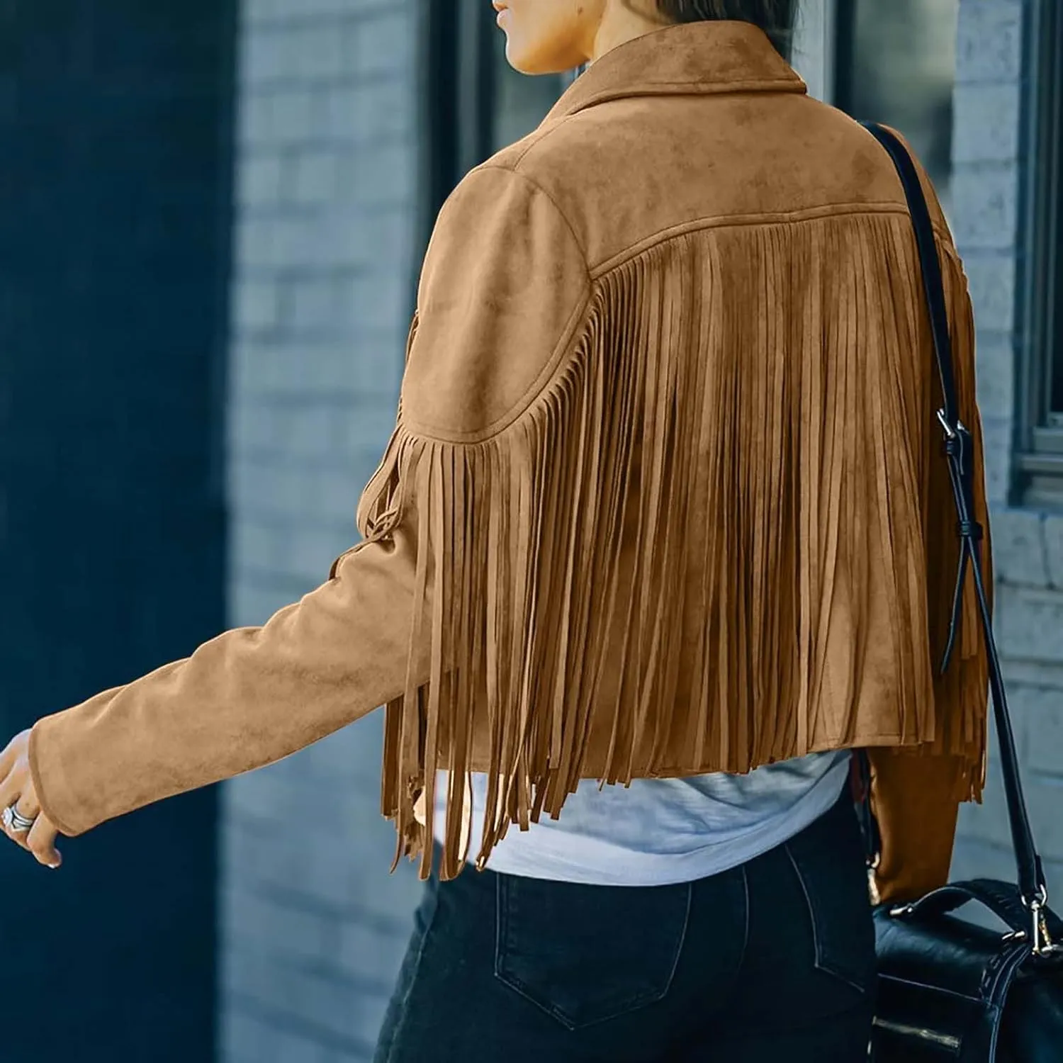 Faux Suede Leather Fringe Jacket for Women 70s Hippie Cardigans Trendy Motorcycle Tassels Long Sleeve Coats