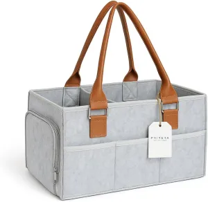 Felt Diaper Caddy, Organizer Bag with side pocket and leather handles – Nursery Storage Bin for Diapers, Wipes, and Baby Essentials - Portable, Gift for Newborns, Color: Gray