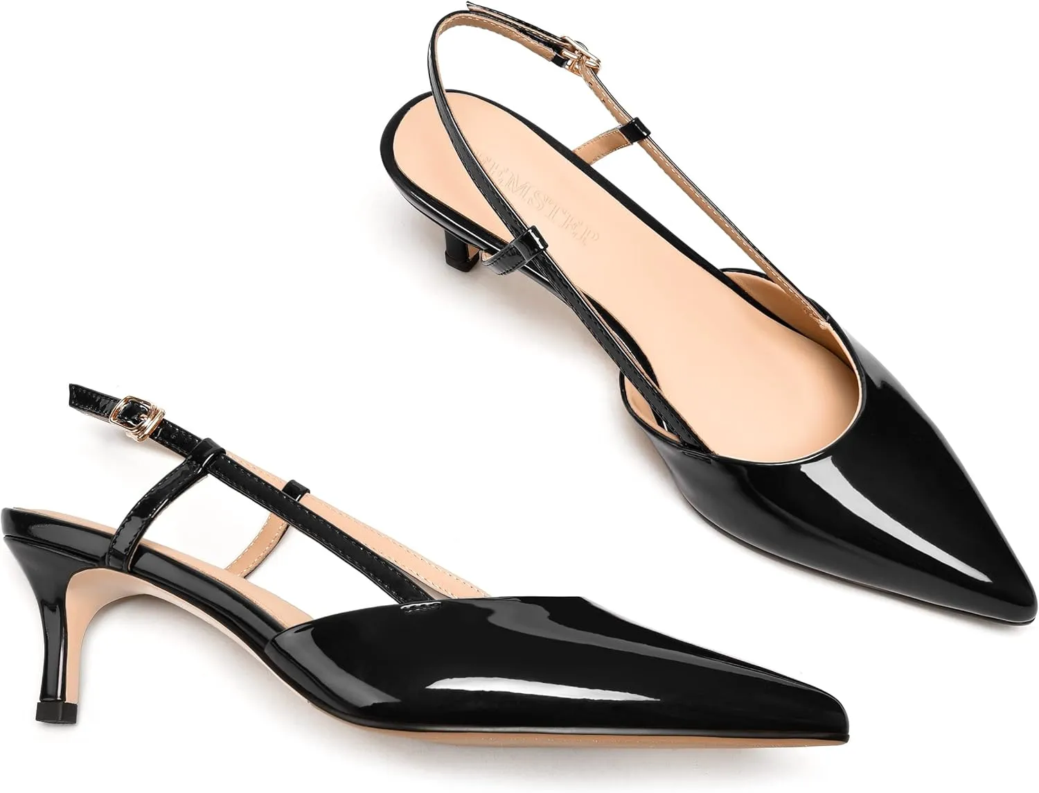 FEMSTEP Womens Dress Slingback Patent Leather Dating Pointed Toe Buckle Kitten Low Heel Pumps Shoes 2 Inch