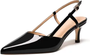 FEMSTEP Womens Dress Slingback Patent Leather Dating Pointed Toe Buckle Kitten Low Heel Pumps Shoes 2 Inch