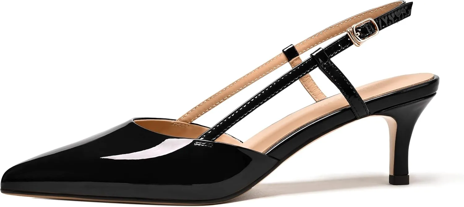 FEMSTEP Womens Dress Slingback Patent Leather Dating Pointed Toe Buckle Kitten Low Heel Pumps Shoes 2 Inch