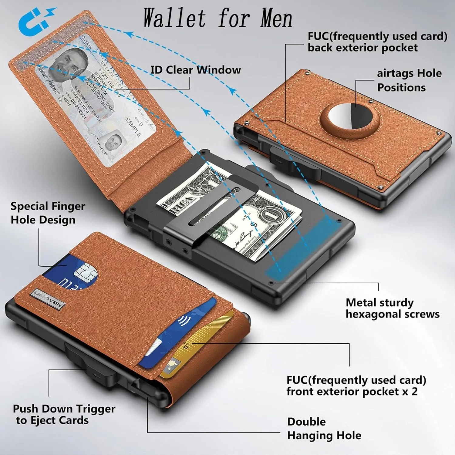 FETNHU intelligence Wallet for Men, intelligencn Wallet for Men - with Pop Up Aluminum Case Money Clip Slim Leather Slots Credit Card Holder RFID Blocking Bifold Minimalist Wallets (Brown)
