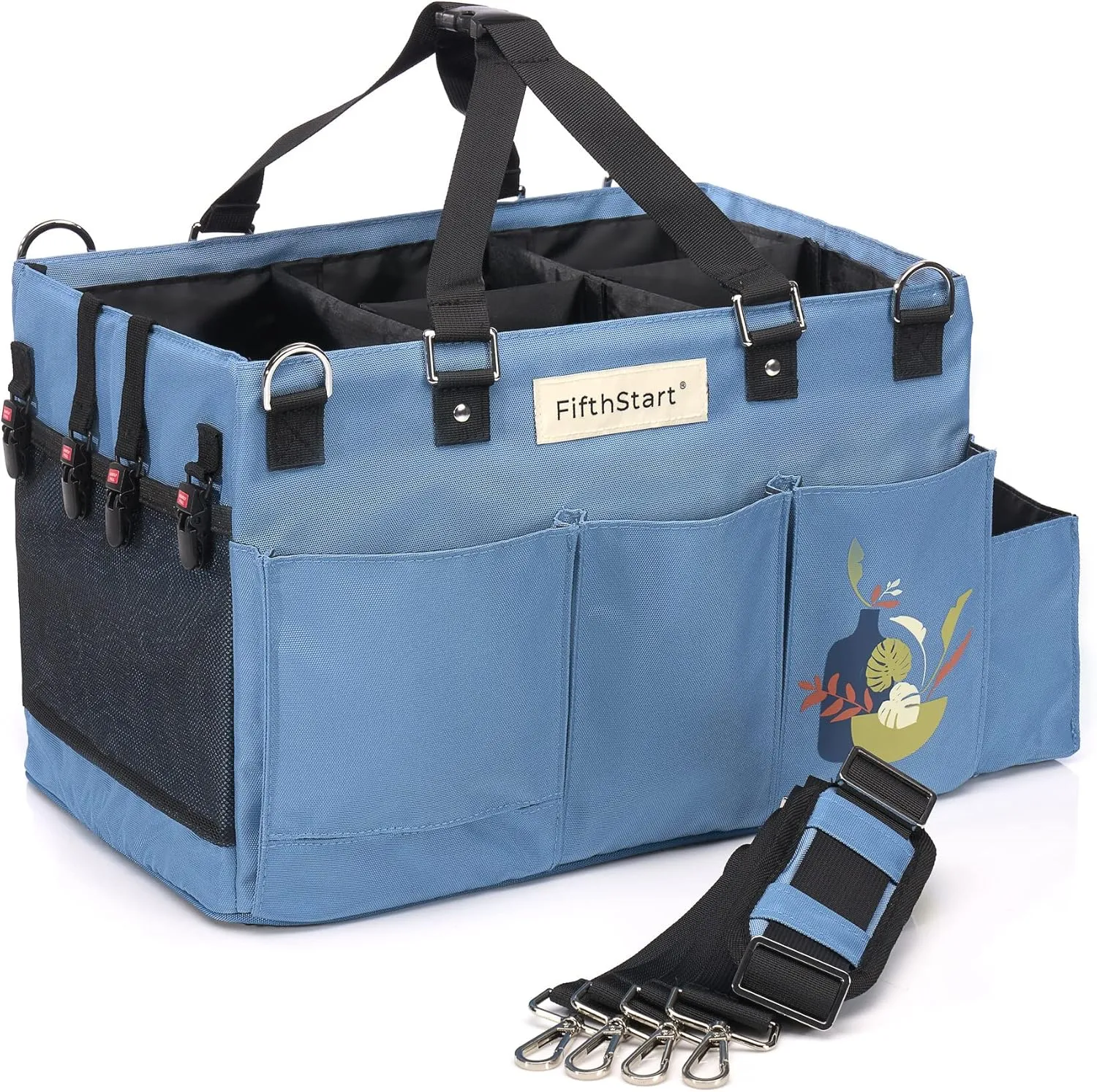 FifthStart Multiuse Cleaning Caddy with Waist & Shoulder Strap - Diaper Caddy & Beach Bag - 9 Pockets & Mesh Base - Blue, X-Large