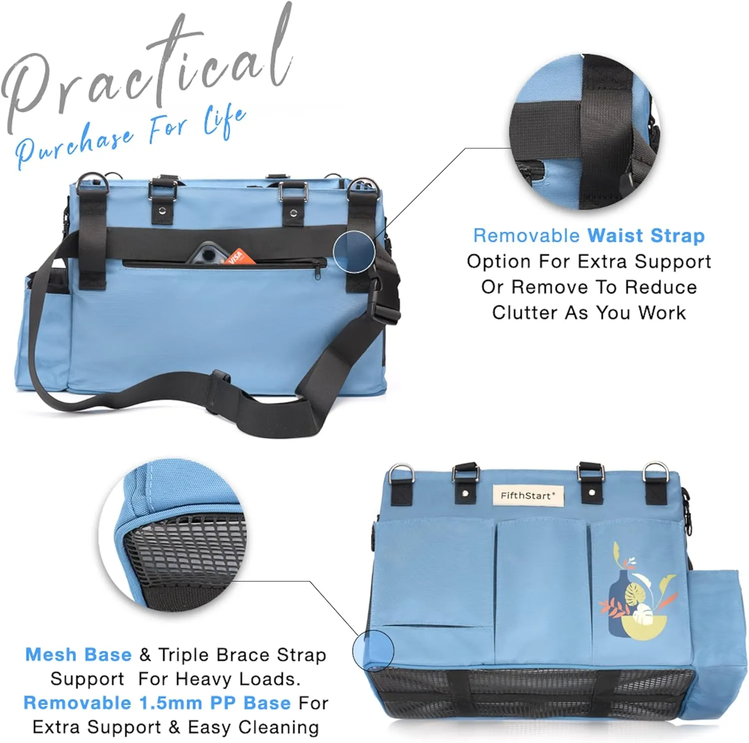 FifthStart Multiuse Cleaning Caddy with Waist & Shoulder Strap - Diaper Caddy & Beach Bag - 9 Pockets & Mesh Base - Blue, X-Large