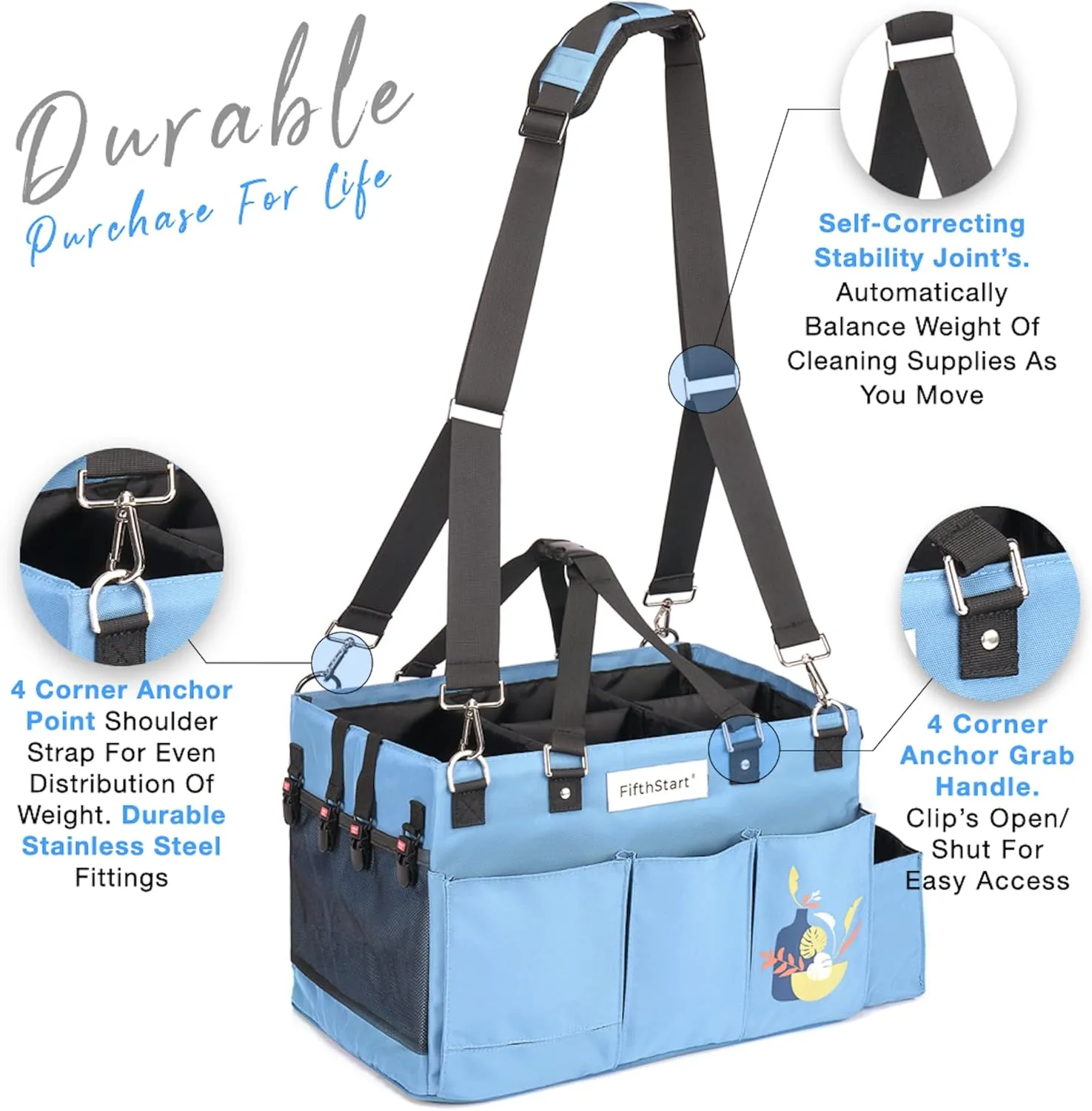 FifthStart Multiuse Cleaning Caddy with Waist & Shoulder Strap - Diaper Caddy & Beach Bag - 9 Pockets & Mesh Base - Blue, X-Large