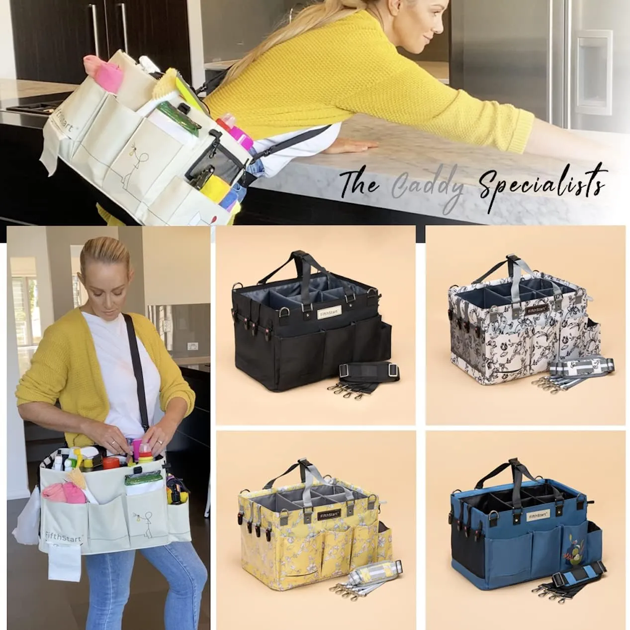 FifthStart Multiuse Cleaning Caddy with Waist & Shoulder Strap,9 Pockets Easily Cleaned Beach Bag, Mesh Base & Adjustable Compartments - Beige Large - Caddy Organizer with Handle, Cleaning Caddy Bag