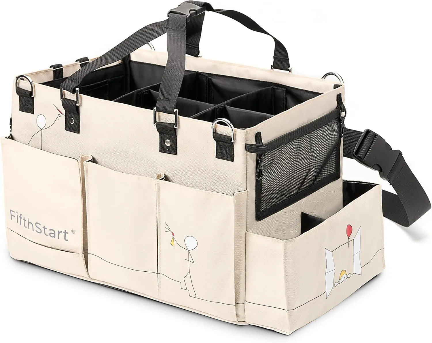 FifthStart Multiuse Cleaning Caddy with Waist & Shoulder Strap,9 Pockets Easily Cleaned Beach Bag, Mesh Base & Adjustable Compartments - Beige Large - Caddy Organizer with Handle, Cleaning Caddy Bag