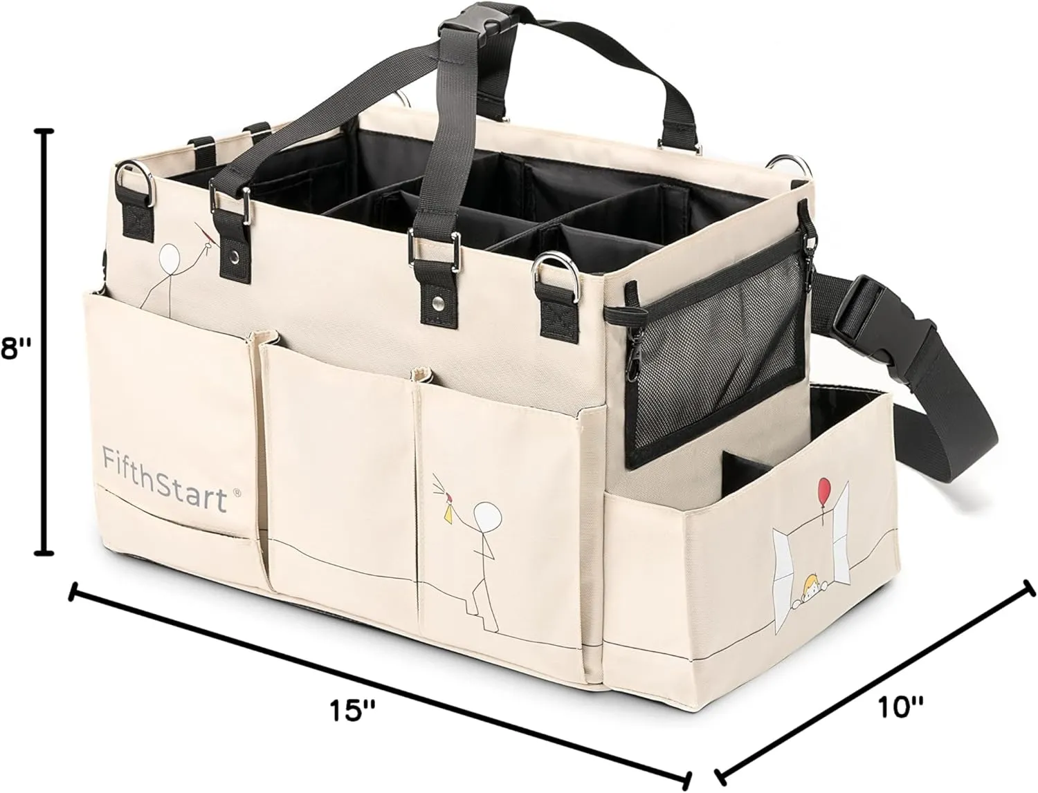 FifthStart Multiuse Cleaning Caddy with Waist & Shoulder Strap,9 Pockets Easily Cleaned Beach Bag, Mesh Base & Adjustable Compartments - Beige Large - Caddy Organizer with Handle, Cleaning Caddy Bag