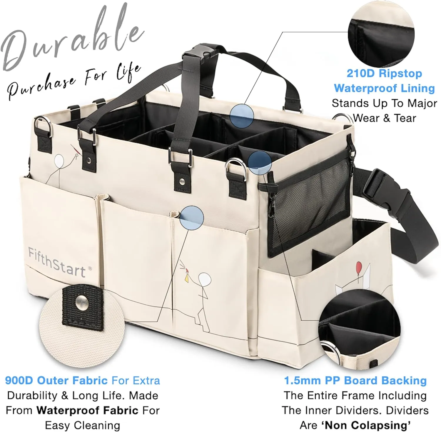 FifthStart Multiuse Cleaning Caddy with Waist & Shoulder Strap,9 Pockets Easily Cleaned Beach Bag, Mesh Base & Adjustable Compartments - Beige Large - Caddy Organizer with Handle, Cleaning Caddy Bag