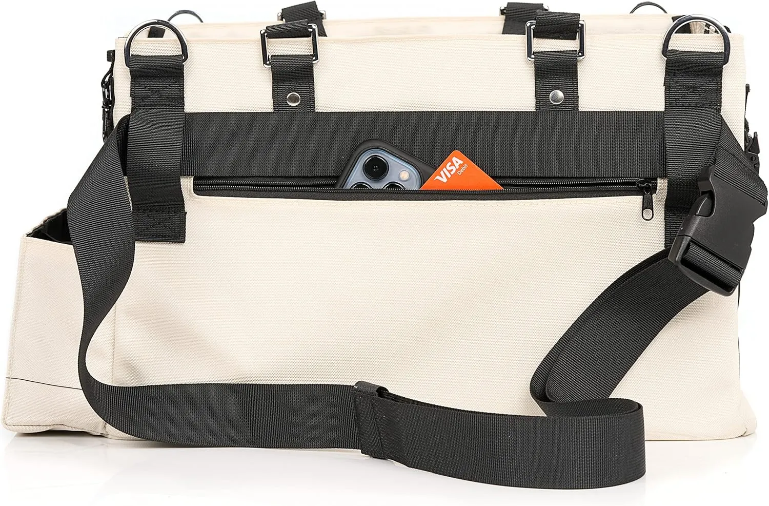 FifthStart Multiuse Cleaning Caddy with Waist & Shoulder Strap,9 Pockets Easily Cleaned Beach Bag, Mesh Base & Adjustable Compartments - Beige Large - Caddy Organizer with Handle, Cleaning Caddy Bag
