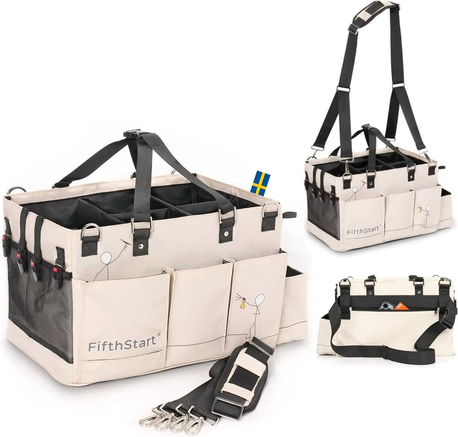 FifthStart Multiuse Cleaning Caddy with Waist & Shoulder Strap,9 Pockets Easily Cleaned Beach Bag, Mesh Base & Adjustable Compartments - Beige Large - Caddy Organizer with Handle, Cleaning Caddy Bag